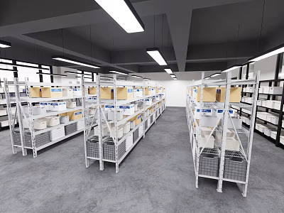 Spacious Industrial Warehouse Interior With Organized Metal Shelves And Cardboard Boxes 3d model