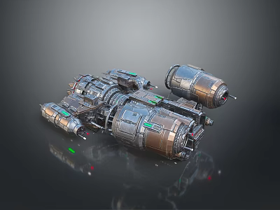 Futuristic Sci Fi Spacecraft 3D Model With Mechanical Engines And Green Lights 3d model
