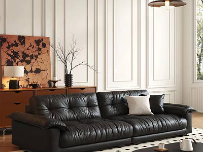 Black Leather Double Sofa With White Cushion And Abstract Painting On White Paneled Wall 3d model