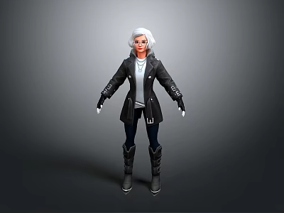 White Haired Female Character 3D Model Wearing Black Coat White Top Black Pants And Boots 3d model