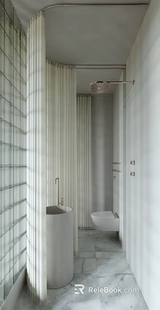 Minimalist White Bathroom Interior With Freestanding Bathtub Toilet And Lattice Wall Design 3d model 