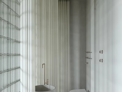 Minimalist White Bathroom Interior With Freestanding Bathtub Toilet And Lattice Wall Design 3d model