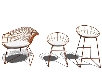 Modern Wire Design Leisure Chairs in Three Different Styles with Metal Frame and White Cushion 3d model