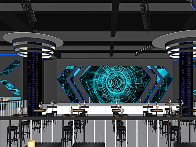 Modern Tech Inspired Bar Interior With Blue Geometric Backdrop And Counter Seating 3d model