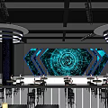 Modern Tech Inspired Bar Interior With Blue Geometric Backdrop And Counter Seating