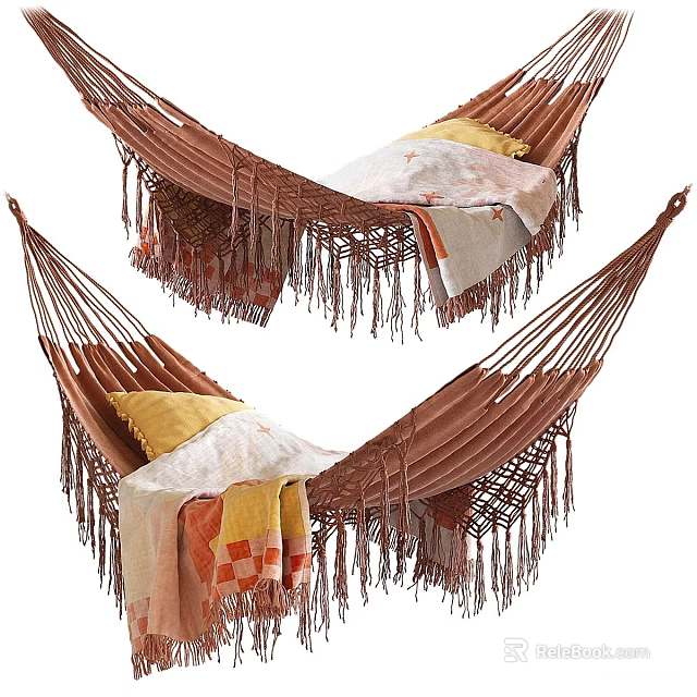 Brown Hammock With Fringes Yellow Pillows And Colorful Blankets For Relaxation 3d model 