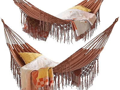 Brown Hammock With Fringes Yellow Pillows And Colorful Blankets For Relaxation 3d model