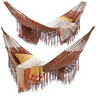 Brown Hammock With Fringes Yellow Pillows And Colorful Blankets For Relaxation 3d model