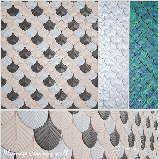 Textured Wall Design Featuring Scallop Pattern Tiles In Beige Black White Green 3d model 