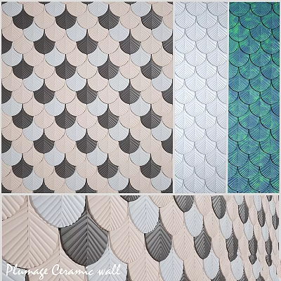 Textured Wall Design Featuring Scallop Pattern Tiles In Beige Black White Green 3d model