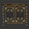 Vintage Decorative Painted Cabinet With Two Doors Drawers And Colorful Floral Motifs