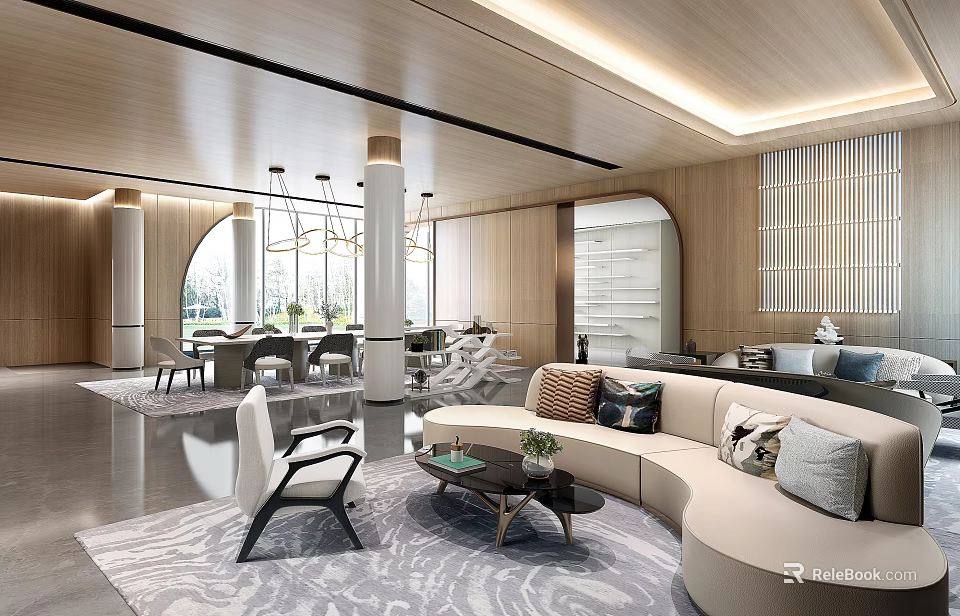 Elegant Modern Leisure Area With Curved Sofa Coffee Table Rug Wooden Walls And Pendant Lights 3d model 
