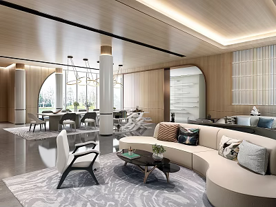 Elegant Modern Leisure Area With Curved Sofa Coffee Table Rug Wooden Walls And Pendant Lights 3d model