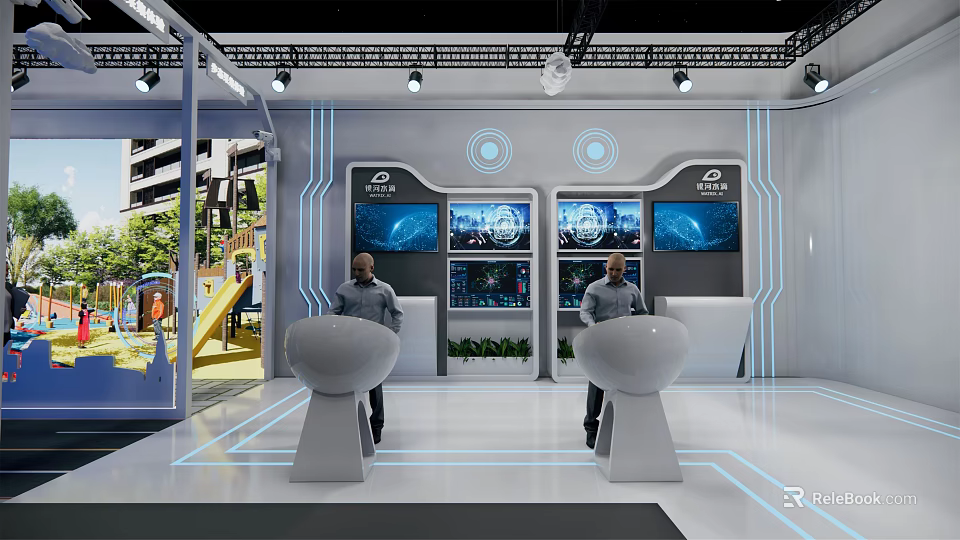 Modern Tech Exhibition Booth With Screens Control Consoles And Lighting Design 3d model 