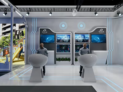 Modern Tech Exhibition Booth With Screens Control Consoles And Lighting Design 3d model