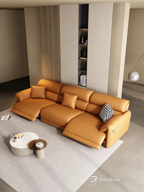 Modern L Shaped Orange Leather Sofa Set With Round Coffee Table And Pillows 3d model 
