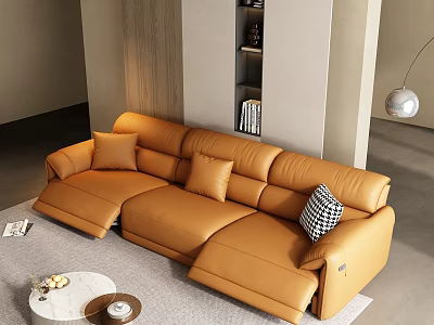 Modern L Shaped Orange Leather Sofa Set With Round Coffee Table And Pillows 3d model