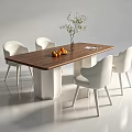 Modern Rectangular Wooden Dining Table With White Chairs Vase Green Plant And Oranges