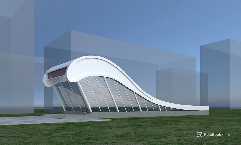 Modern Curved Building With White Roof Large Glass Windows And Green Lawn 3d model 