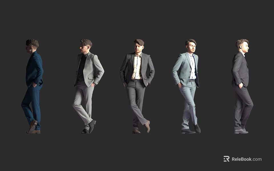 Men in Various Formal Suit Styles Standing with Different Poses 3d model 