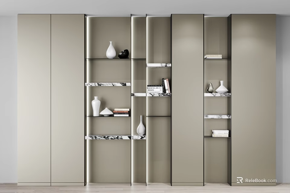 Modern Bookcase Design With Marble Shelves And Decorative Items Books 3d model 