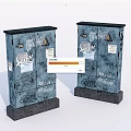 Two Blue Metal Industrial Equipment Cabinets With Graffiti Stickers Labels And Base