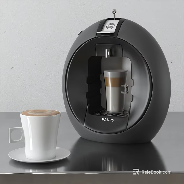 Modern Kitchen Appliance Coffee Machine with Black Round Design Making Coffee and White Cup 3d model 