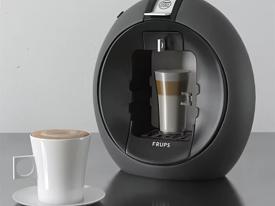 Modern Kitchen Appliance Coffee Machine with Black Round Design Making Coffee and White Cup 3d model
