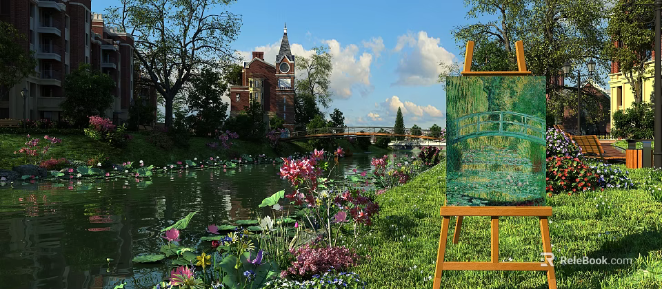 Scenic Garden Landscape Featuring Pond Water Lilies Green Grass Bridge And Red Brick Clock Tower 3d model 