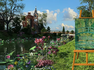 Scenic Garden Landscape Featuring Pond Water Lilies Green Grass Bridge And Red Brick Clock Tower 3d model
