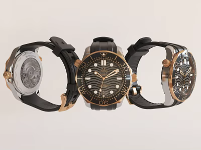 Three Stylish Mechanical Watches Displayed From Different Angles With Black Straps Gold Accents 3d model