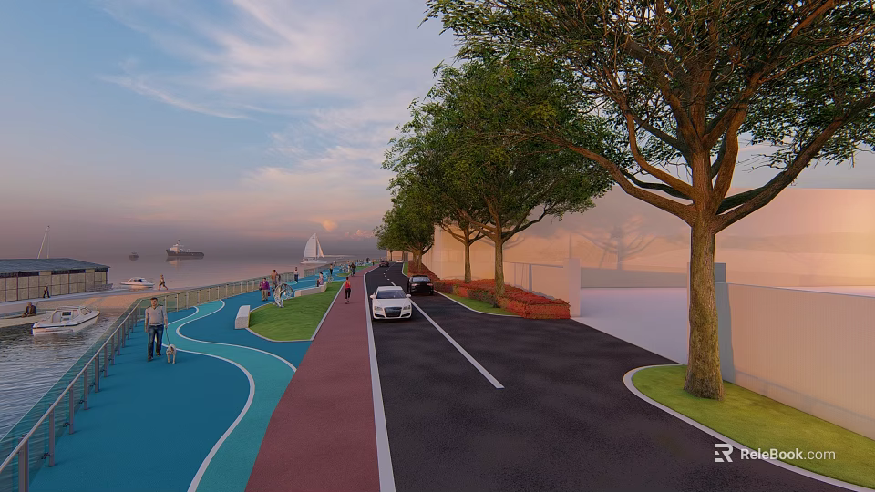 Waterfront Landscape With Green Trees Pedestrian Walkway Bike Lane And Water View 3d model 