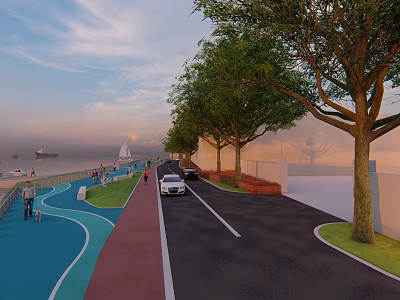Waterfront Landscape With Green Trees Pedestrian Walkway Bike Lane And Water View 3d model