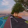 Waterfront Landscape With Green Trees Pedestrian Walkway Bike Lane And Water View