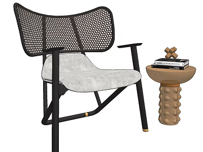 Leisure Chair With Black Frame Mesh Backrest Light Padded Seat And Decor Side Table 3d model