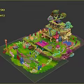 Vibrant 3D Landscape With Green Grass Trees Slide Fence Path And Blue Pool
