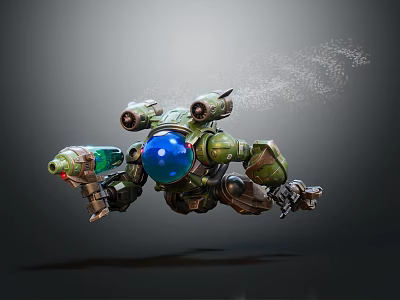 Green Robot With Blue Spherical Head Mechanical Arms And Weapons In Flight 3d model