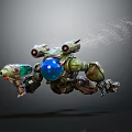 Green Robot With Blue Spherical Head Mechanical Arms And Weapons In Flight