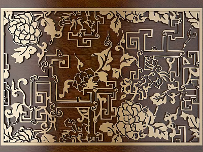 Intricate Carved Design with Peony Flowers and Geometric Patterns on Wooden Background 3d model