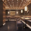 Modern Luxury Restaurant Reception Counter With Wine Rack Cherry Blossom Tree And Lighting Decor