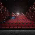Modern Cinema Interior With Blue Tiered Seats Projection Screen And Ambient Lighting