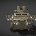 Armored Military Vehicle with Large Tires Roof Mounted Weapon and Protective Armor