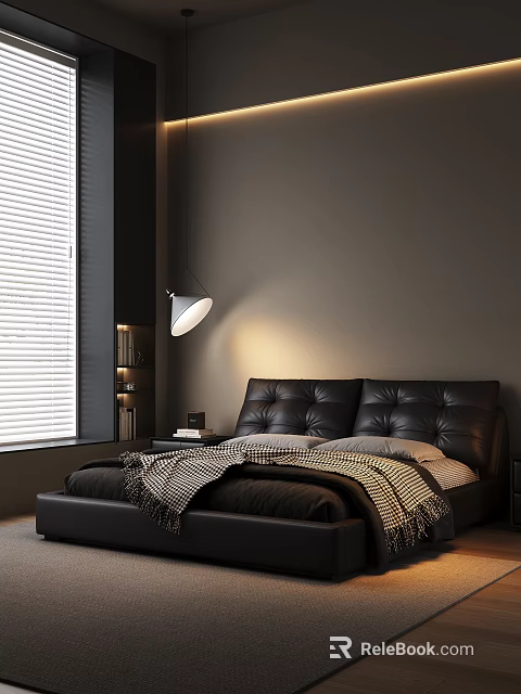 Black Leather Double Bed With Window Blinds Pendant Lamp Books On Nightstand And Blanket 3d model 