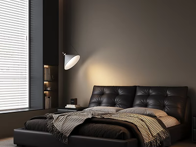 Black Leather Double Bed With Window Blinds Pendant Lamp Books On Nightstand And Blanket 3d model
