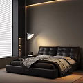 Black Leather Double Bed With Window Blinds Pendant Lamp Books On Nightstand And Blanket