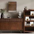 Modern Brown Wooden Storage Shelf Cabinet With Books Vase Sculpture And Decor Items