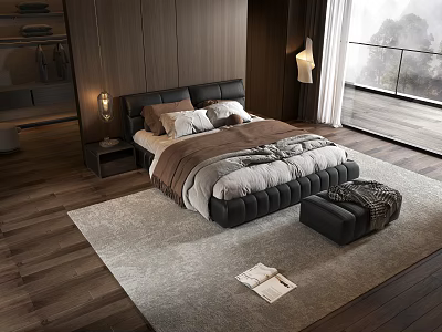 Modern Bedroom Interior Double Bed With Leather Headboard Wooden Floor And Area Rug 3d model