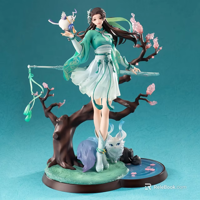 Anime Figurine in Green White Traditional Outfit with Pink Blossom Tree White Fox Water Base 3d model