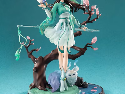 Anime Figurine in Green White Traditional Outfit with Pink Blossom Tree White Fox Water Base 3d model
