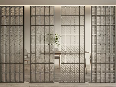 Modern Wall Partition with Grid Pattern for Interior Decor in Dining Space with Plant 3d model